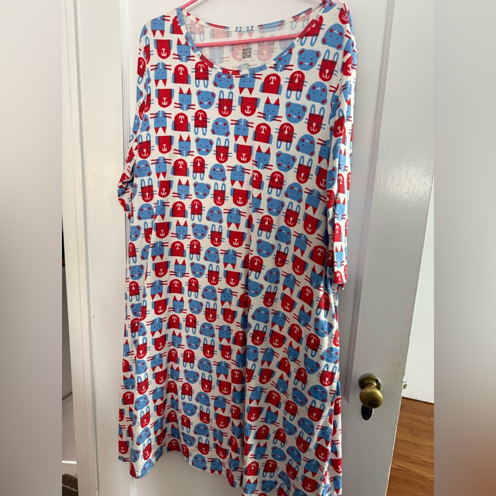 Bright red and blue cotton dress CATS and DOGS